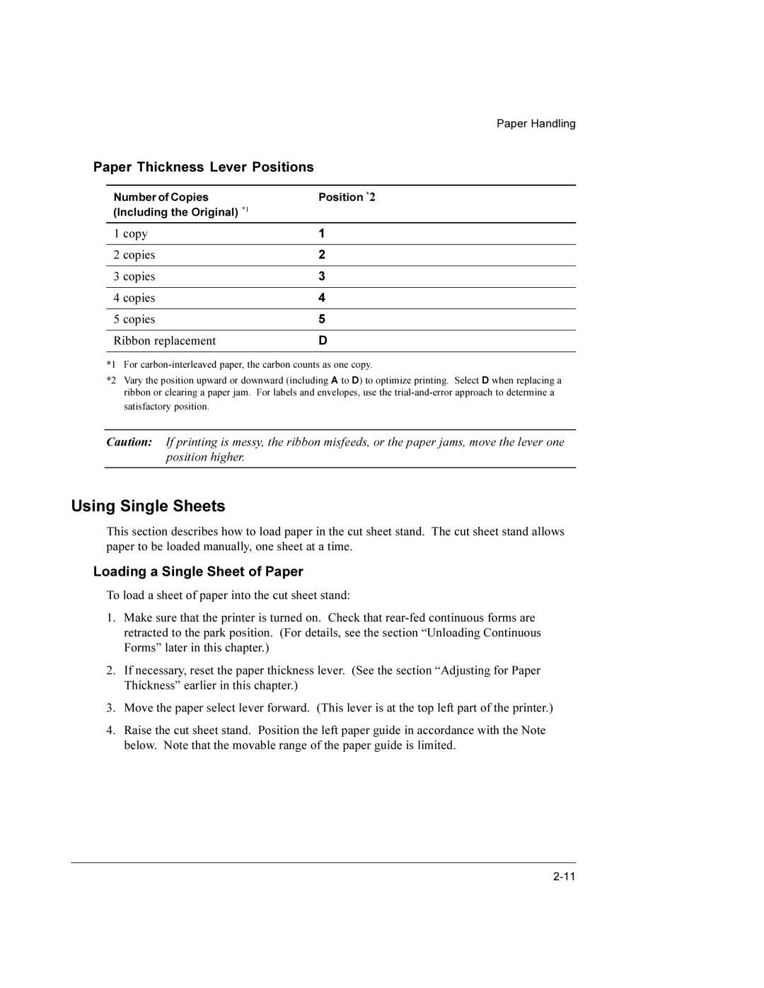 Compaq LA36 user manual Using Single Sheets, Paper Thickness Lever Positions, Loading a Single Sheet of Paper 