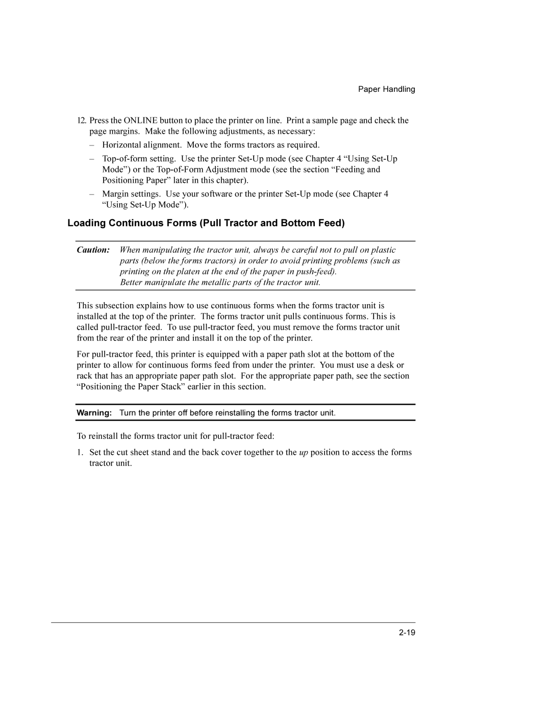 Compaq LA36 user manual Loading Continuous Forms Pull Tractor and Bottom Feed 