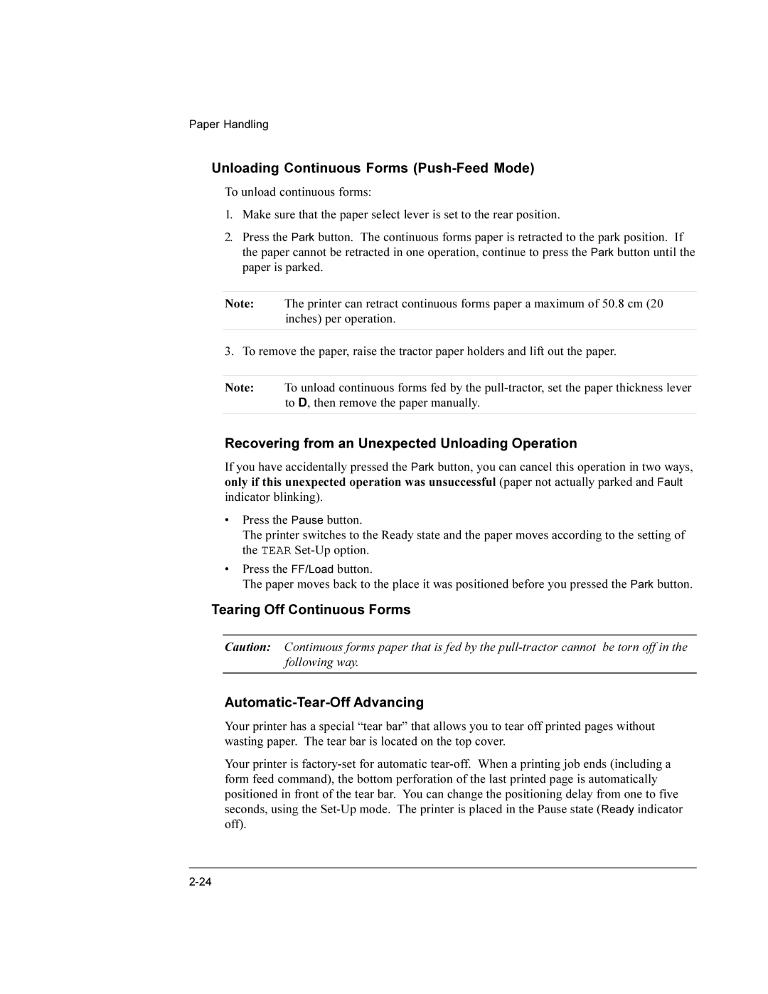 Compaq LA36 user manual Unloading Continuous Forms Push-Feed Mode, Recovering from an Unexpected Unloading Operation 