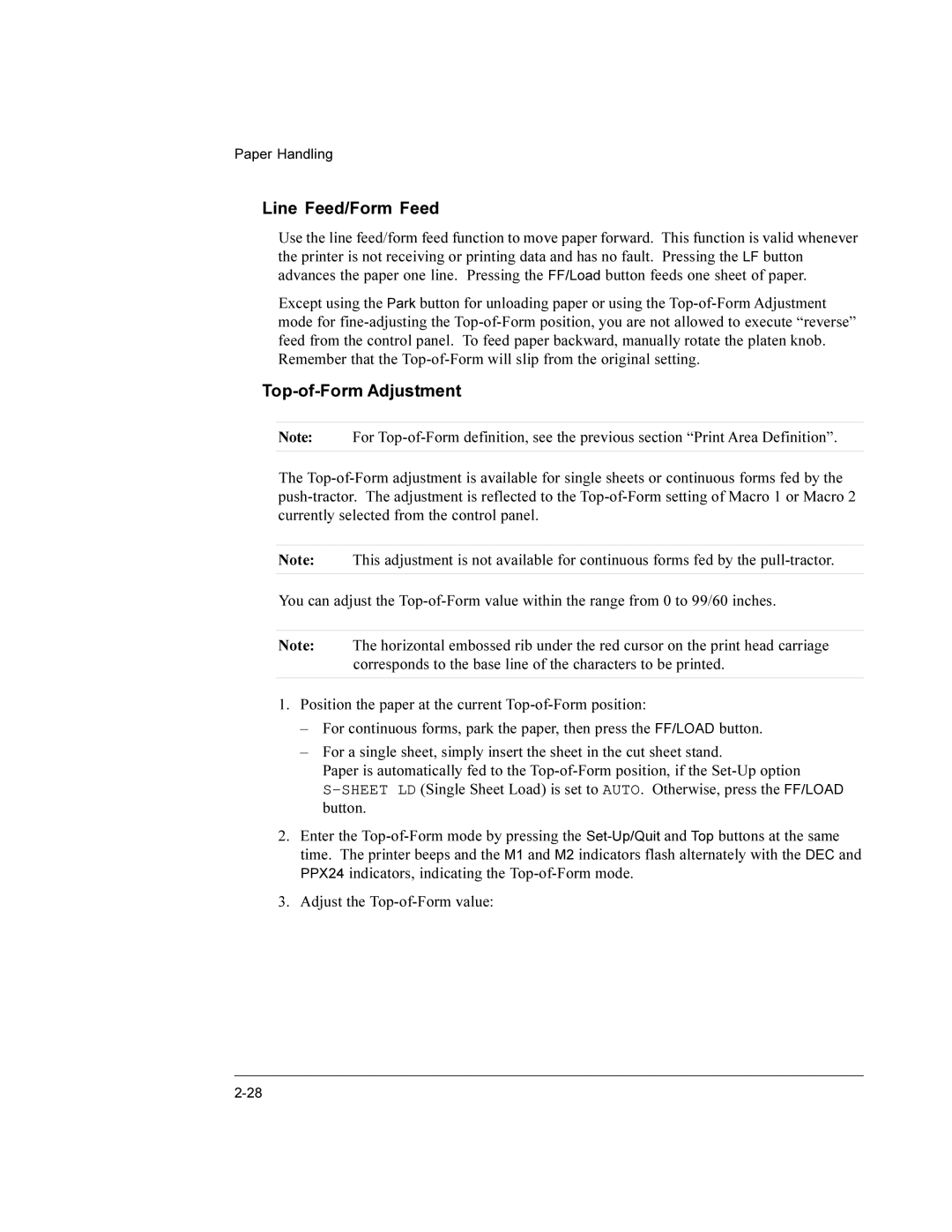 Compaq LA36 user manual Line Feed/Form Feed, Top-of-Form Adjustment 