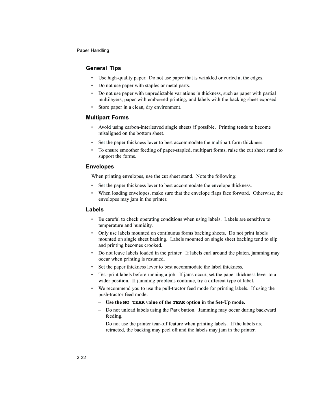 Compaq LA36 General Tips, Multipart Forms, Envelopes, Labels, Use the no Tear value of the Tear option in the Set-Up mode 