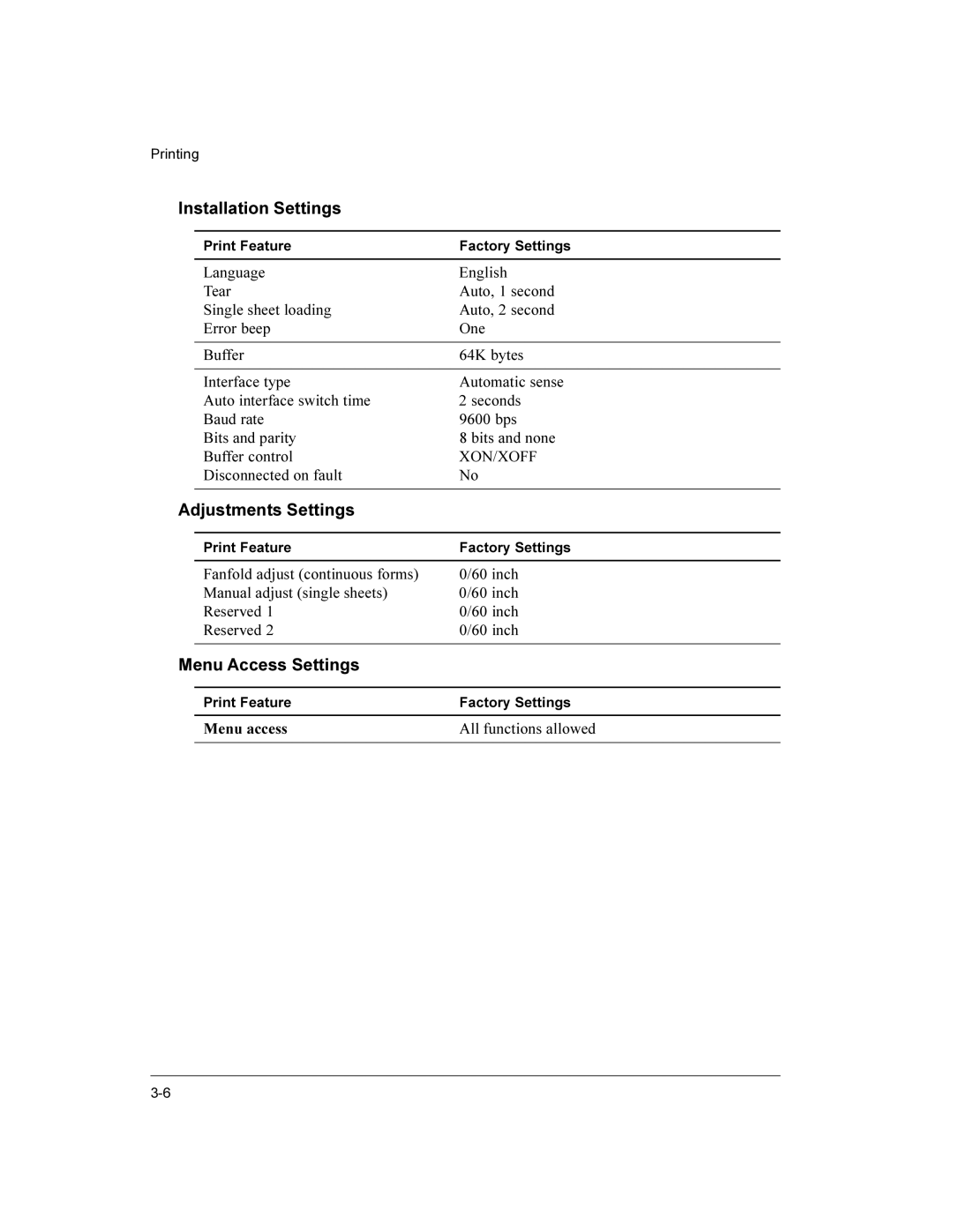 Compaq LA36 user manual Installation Settings, Adjustments Settings, Menu Access Settings, Xon/Xoff, Menu access 