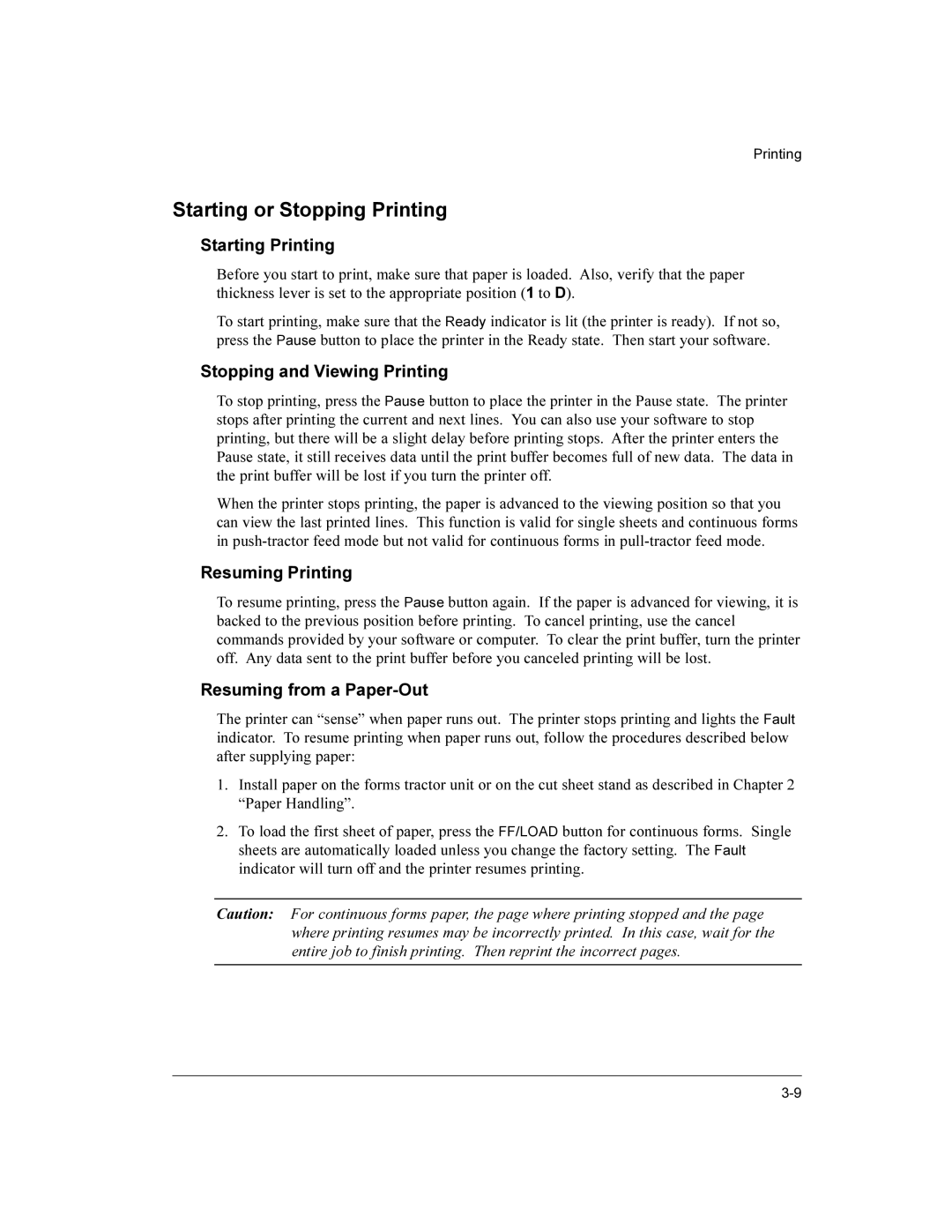 Compaq LA36 user manual Starting or Stopping Printing, Starting Printing, Stopping and Viewing Printing, Resuming Printing 