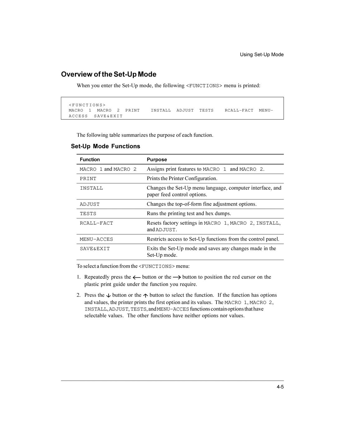 Compaq LA36 user manual Overview of the Set-Up Mode, Set-Up Mode Functions 