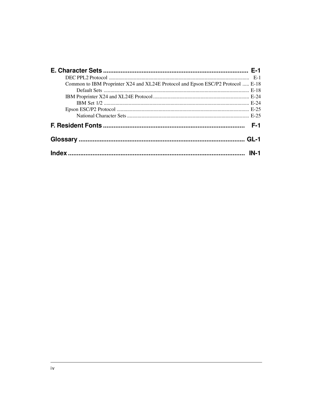 Compaq LA36 user manual Resident Fonts Glossary GL-1 Index IN-1 