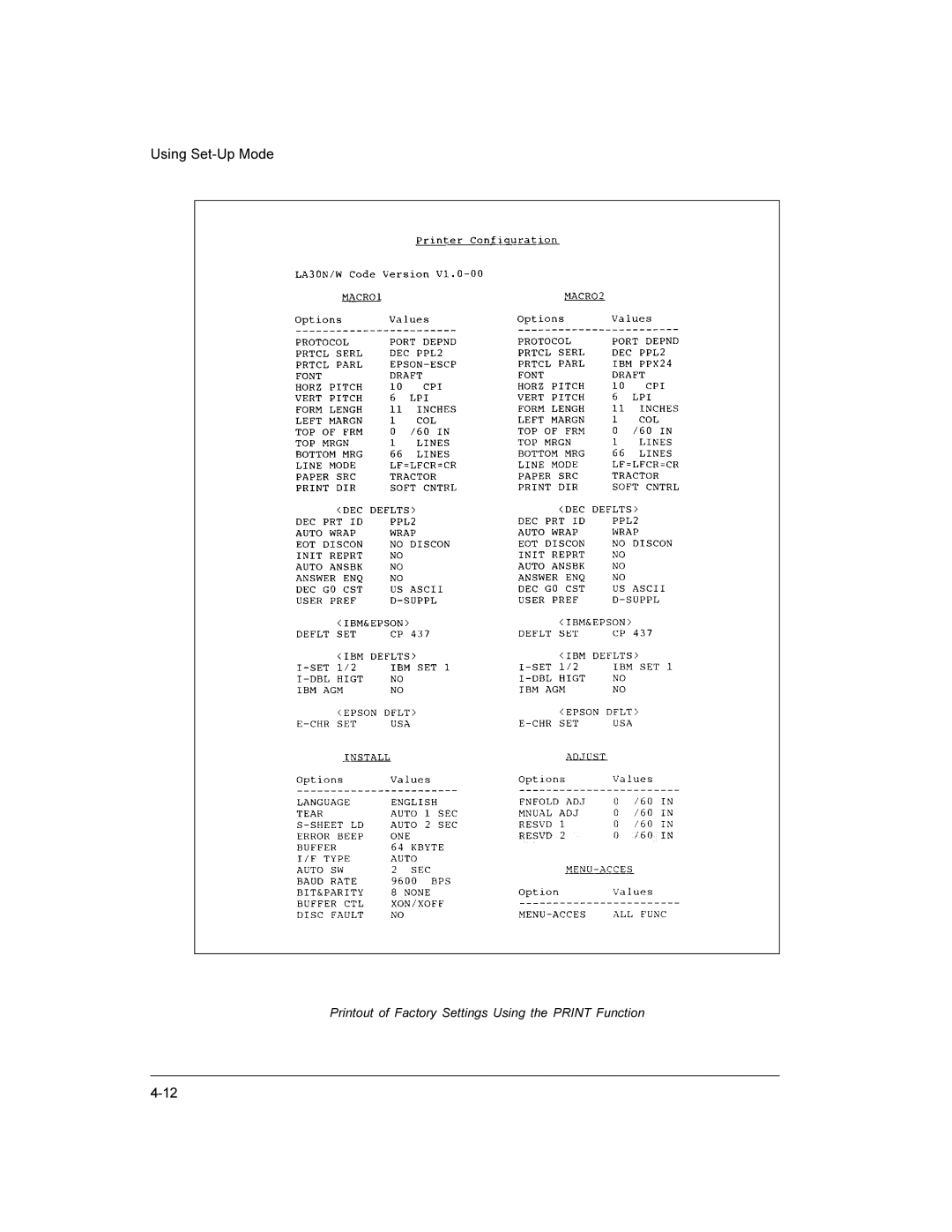 Compaq LA36 user manual Printout of Factory Settings Using the Print Function 