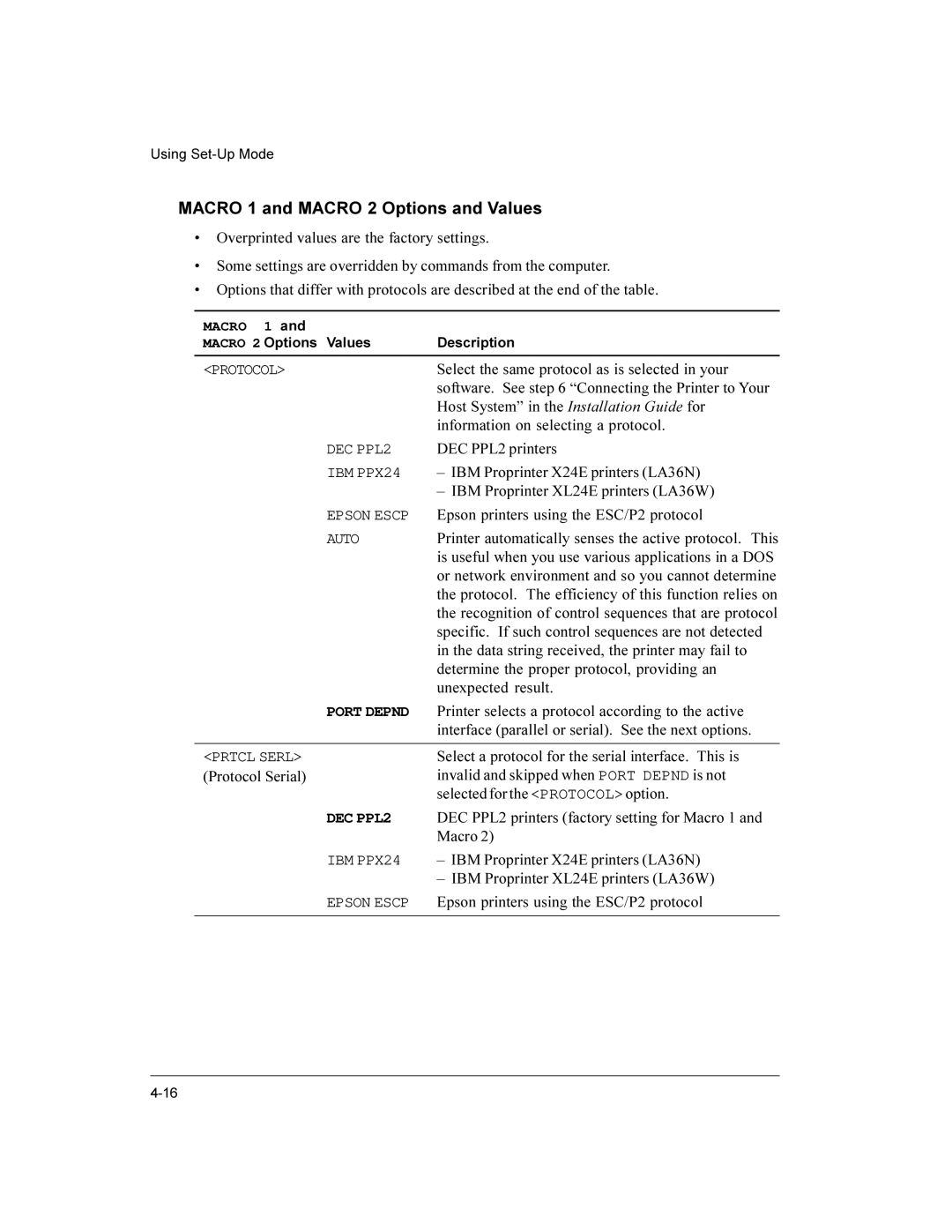 Compaq LA36 user manual Macro 1 and Macro 2 Options and Values 