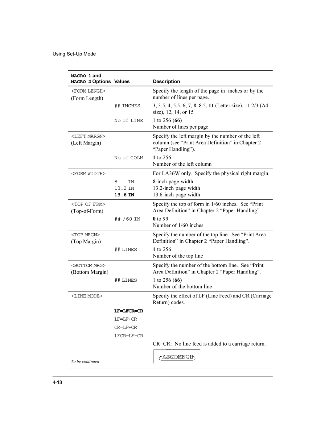 Compaq LA36 user manual Form Lengh, Left Margn, Form Width, TOP of FRM, TOP Mrgn, ## Lines, Bottom MRG, Line Mode 