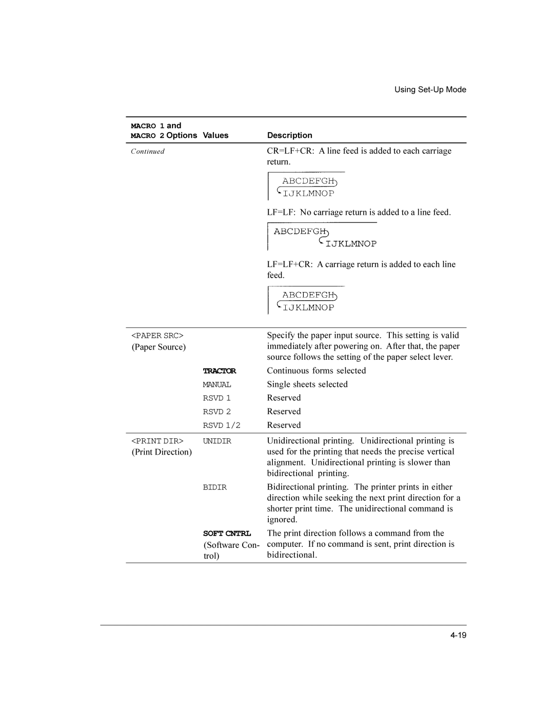 Compaq LA36 user manual Paper SRC, Manual, Rsvd, Print DIR Unidir, Bidir 