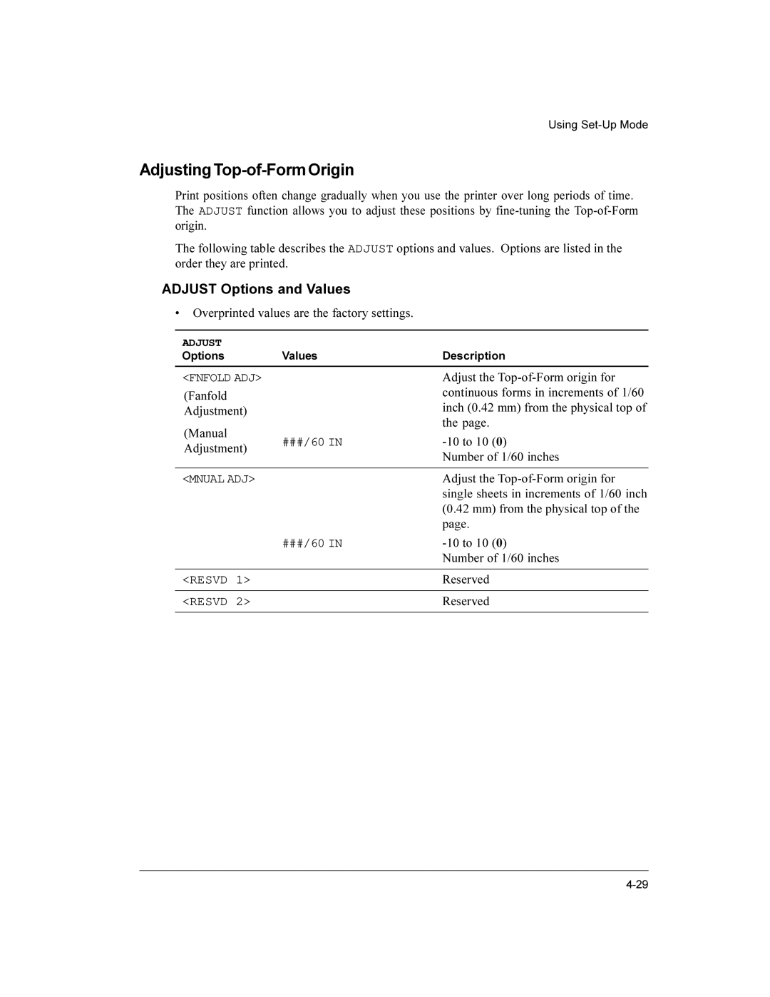 Compaq LA36 user manual AdjustingTop-of-FormOrigin, Adjust Options and Values, Fnfold ADJ, Mnual ADJ, Resvd 