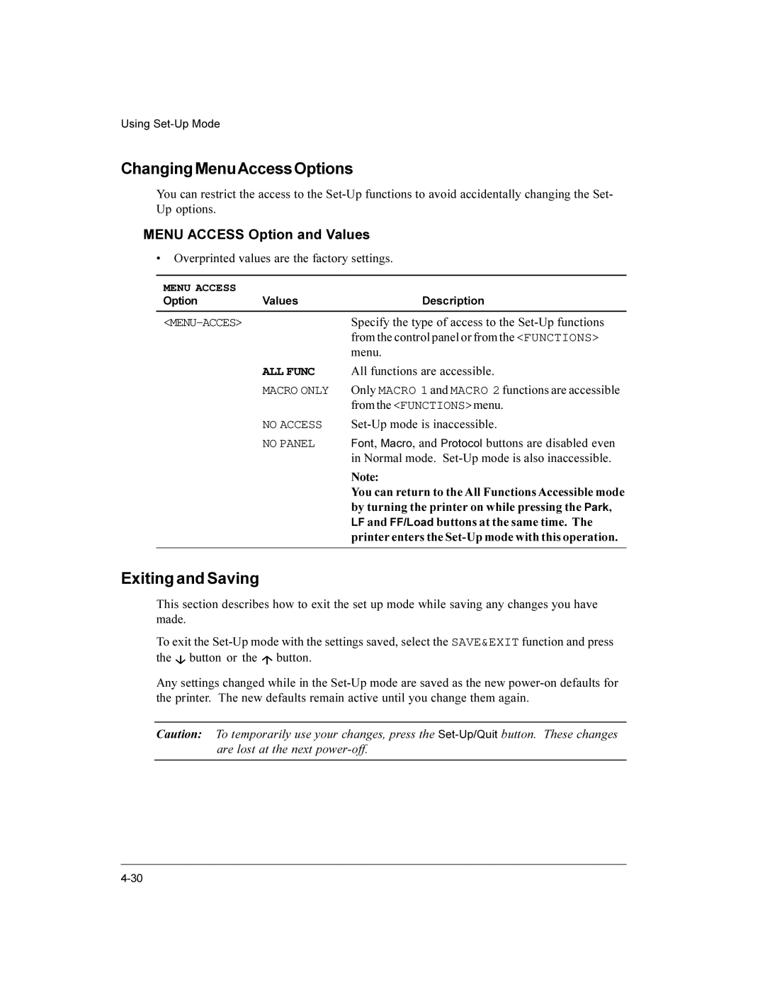 Compaq LA36 user manual ChangingMenuAccessOptions, Exiting and Saving, Menu Access Option and Values 