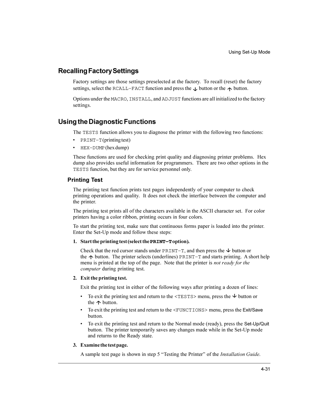 Compaq LA36 user manual RecallingFactorySettings, Using the Diagnostic Functions, Printing Test 