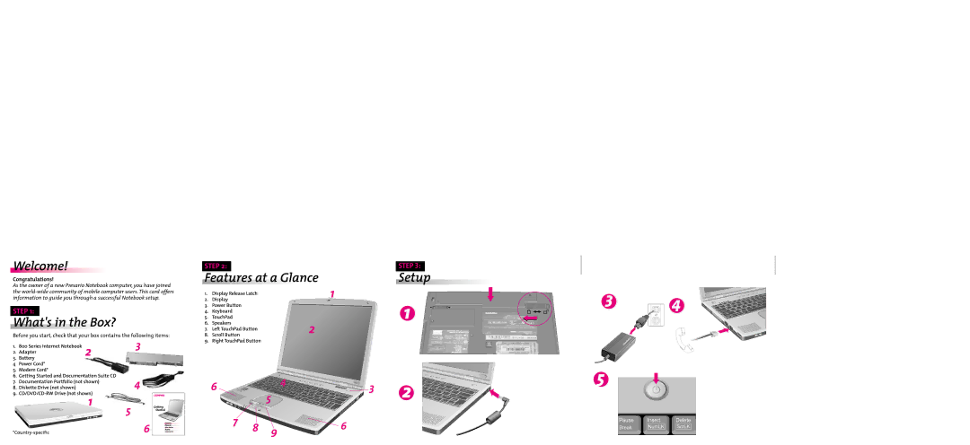 Compaq Laptop manual Welcome, Whats in the Box?, Eatur e s at a Glance, Setup, Congratulations 