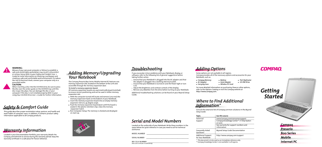 Compaq Laptop manual Safety & Comfort Guide, Warranty Information, Adding Memory/Upgrading Your Notebook, Troubleshooting 