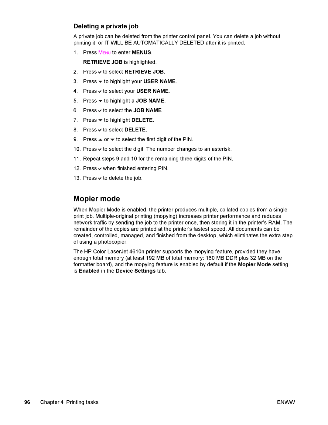 Compaq LaserJet 4610n manual Mopier mode, Deleting a private job 