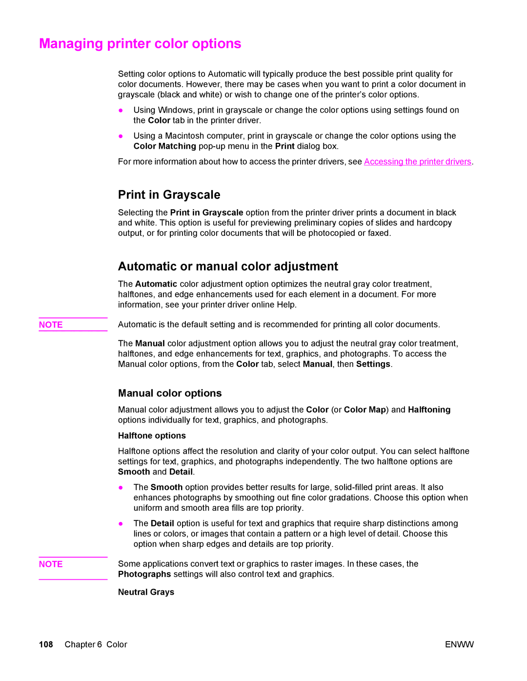 Compaq LaserJet 4610n Managing printer color options, Print in Grayscale, Automatic or manual color adjustment 