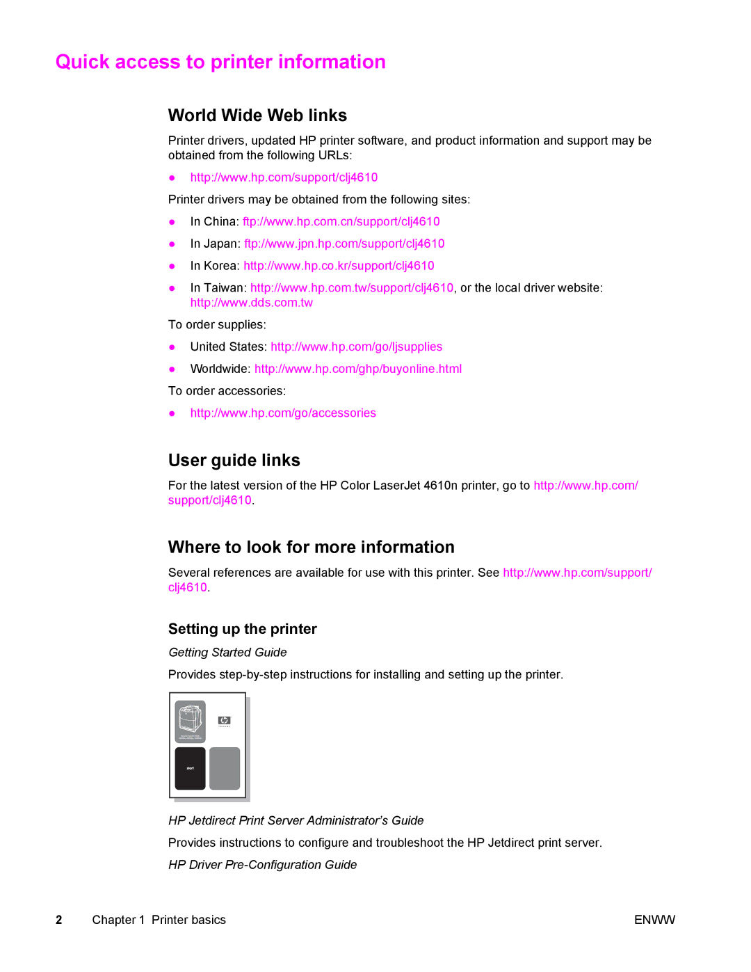 Compaq LaserJet 4610n manual Quick access to printer information, World Wide Web links, Setting up the printer 