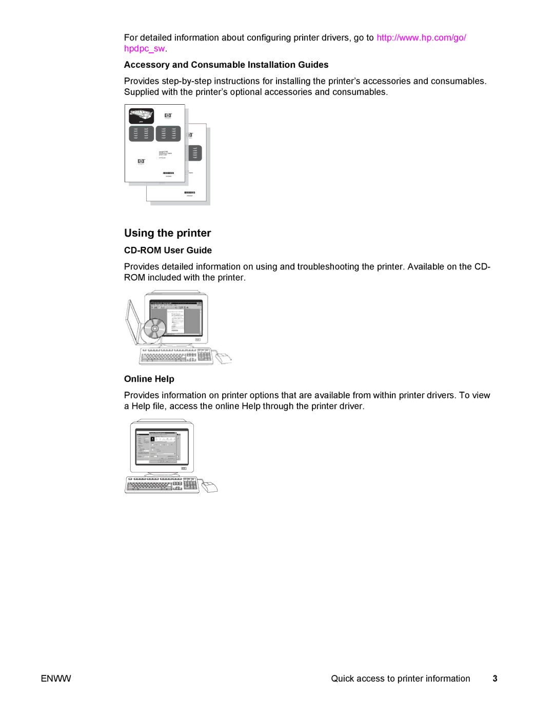 Compaq LaserJet 4610n Using the printer, Accessory and Consumable Installation Guides, CD-ROM User Guide, Online Help 