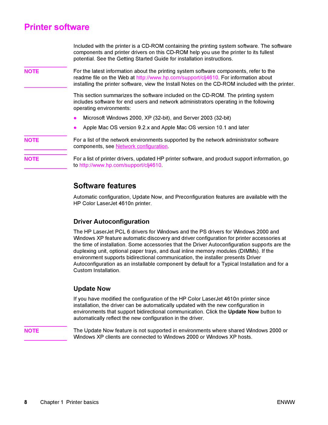 Compaq LaserJet 4610n manual Printer software, Software features, Driver Autoconfiguration, Update Now 