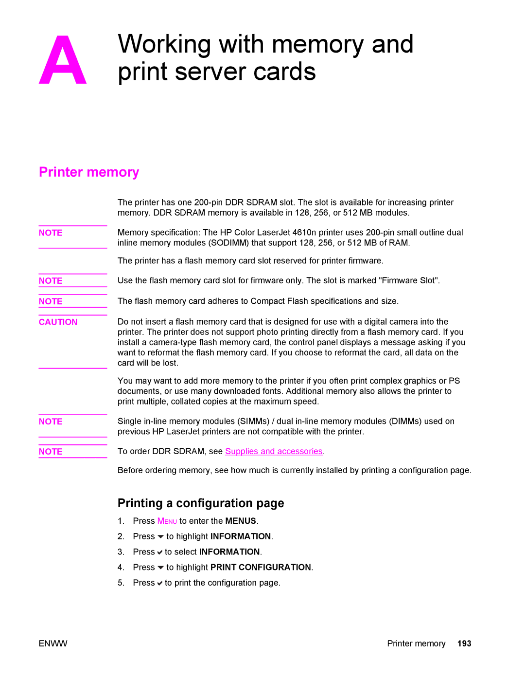 Compaq LaserJet 4610n manual Working with memory, Print server cards, Printer memory, Printing a configuration 