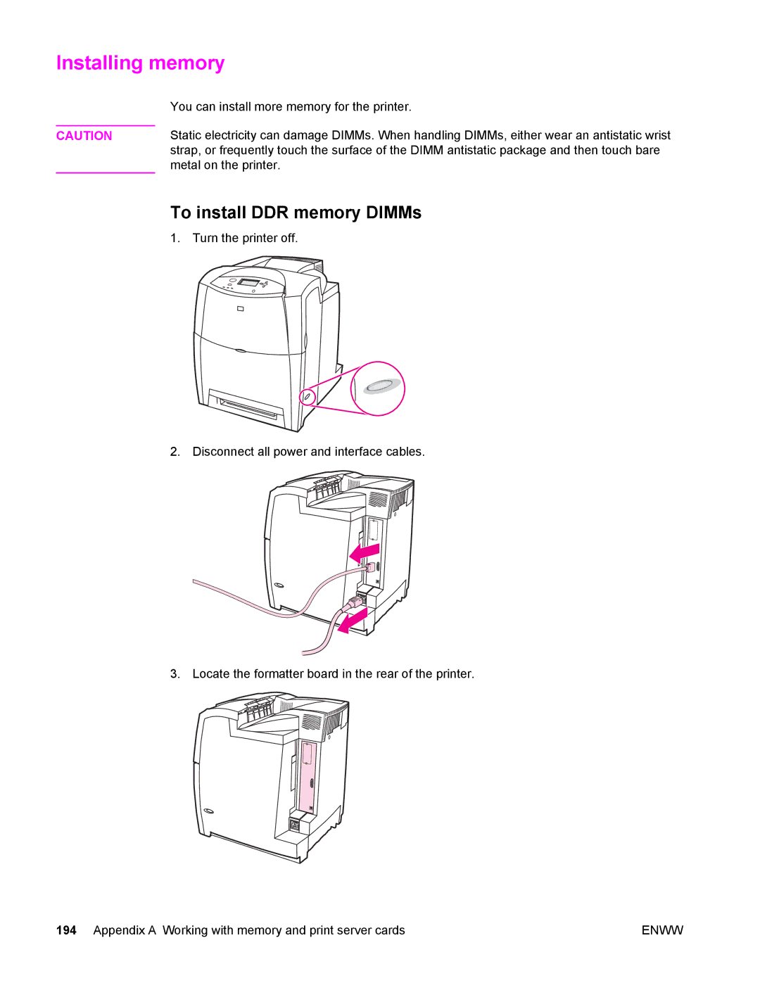 Compaq LaserJet 4610n manual Installing memory, To install DDR memory DIMMs 