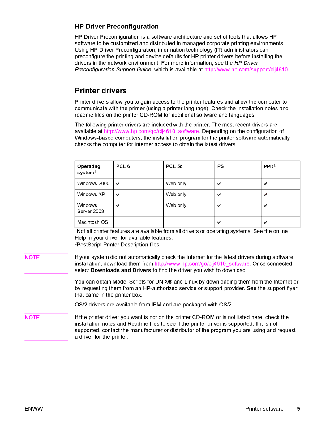 Compaq LaserJet 4610n manual Printer drivers, HP Driver Preconfiguration, Pcl, Ppd 