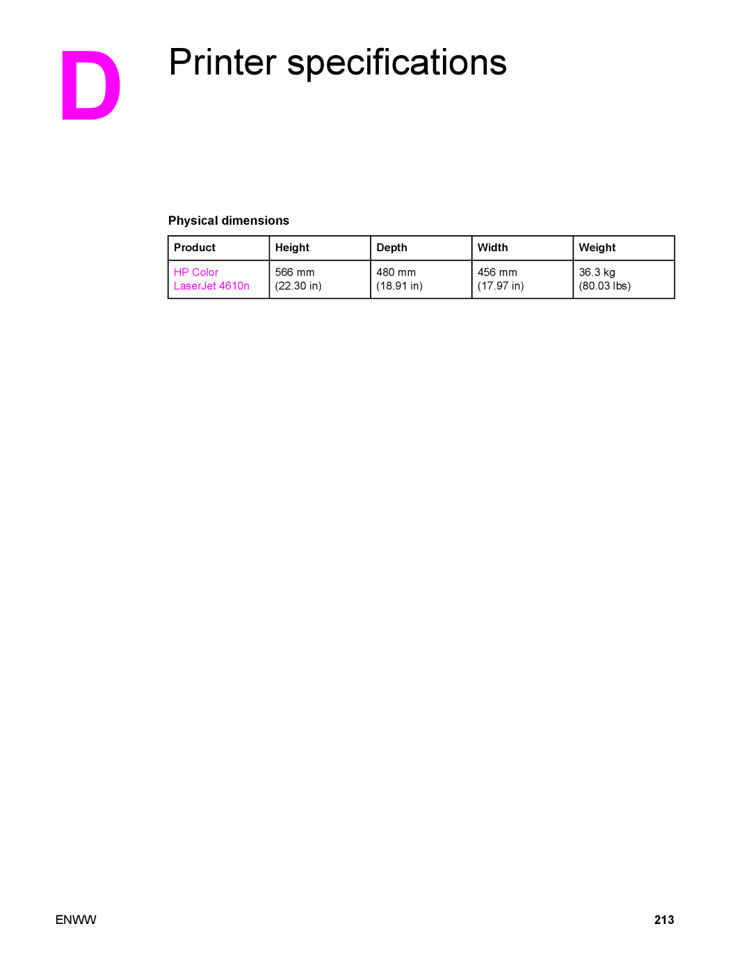 Compaq LaserJet 4610n manual Printer specifications, Physical dimensions, 213, Product Height Depth Width Weight 