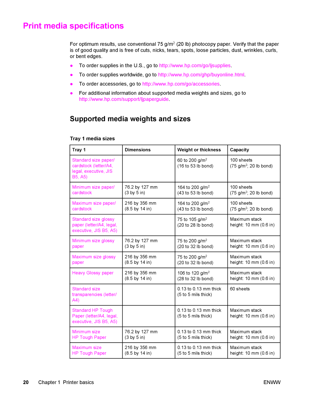 Compaq LaserJet 4610n manual Print media specifications, Supported media weights and sizes, Tray 1 media sizes 