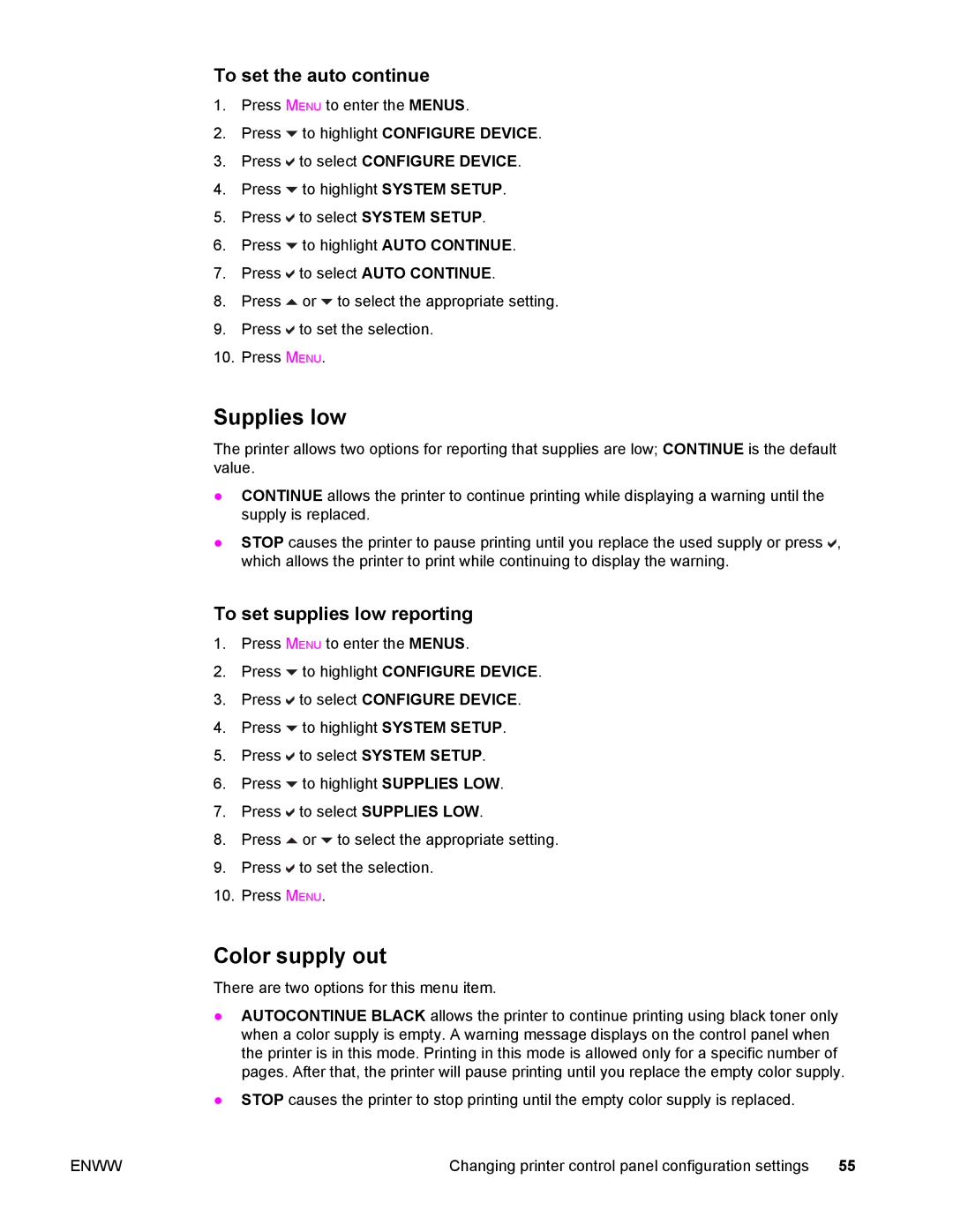 Compaq LaserJet 4610n manual Supplies low, Color supply out, To set the auto continue, To set supplies low reporting 