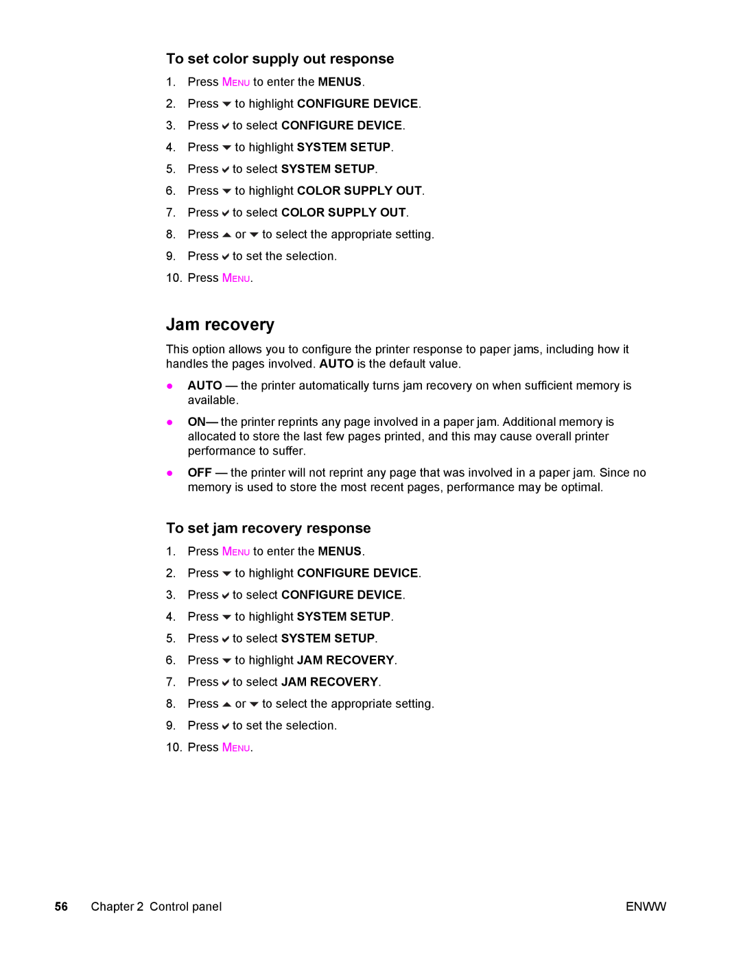 Compaq LaserJet 4610n manual Jam recovery, To set color supply out response, To set jam recovery response 