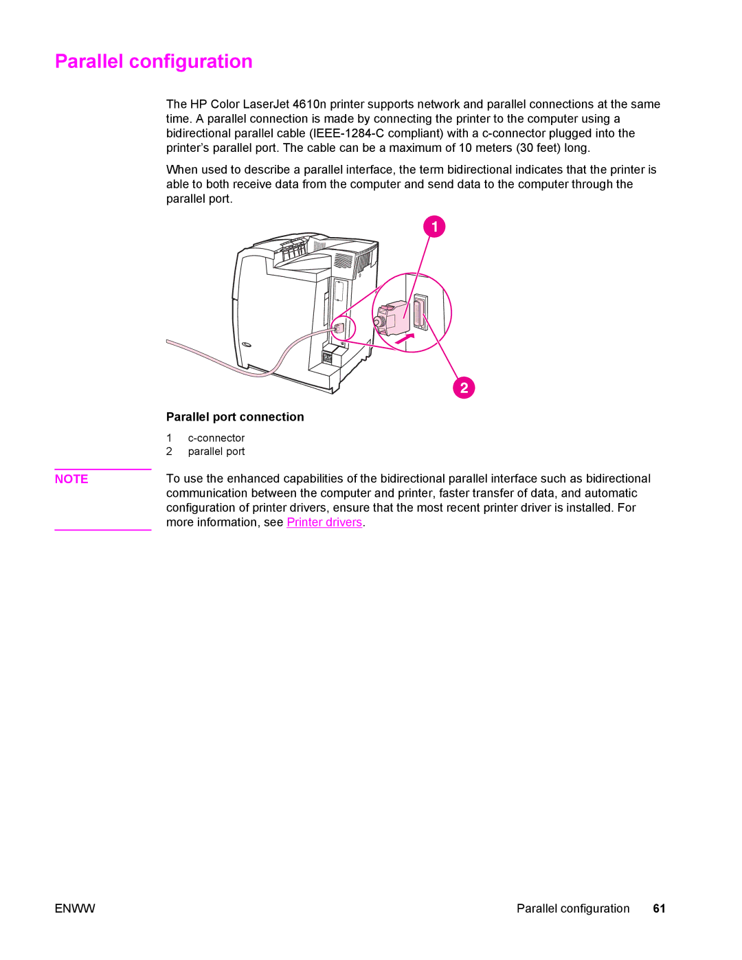 Compaq LaserJet 4610n manual Parallel configuration, Parallel port connection 