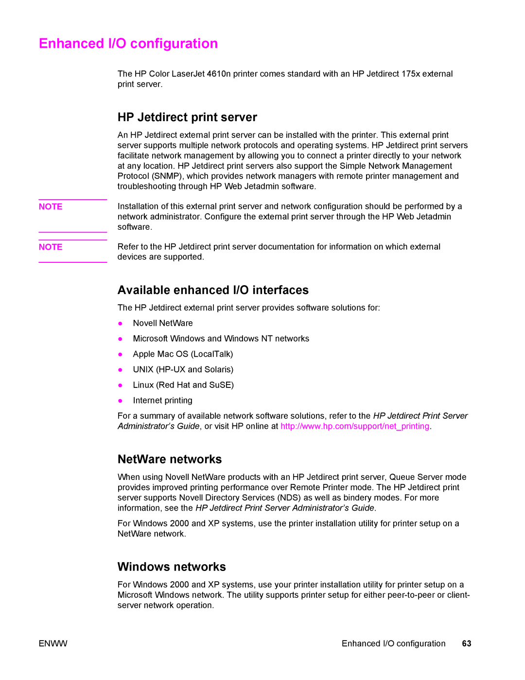 Compaq LaserJet 4610n manual Enhanced I/O configuration, HP Jetdirect print server, Available enhanced I/O interfaces 