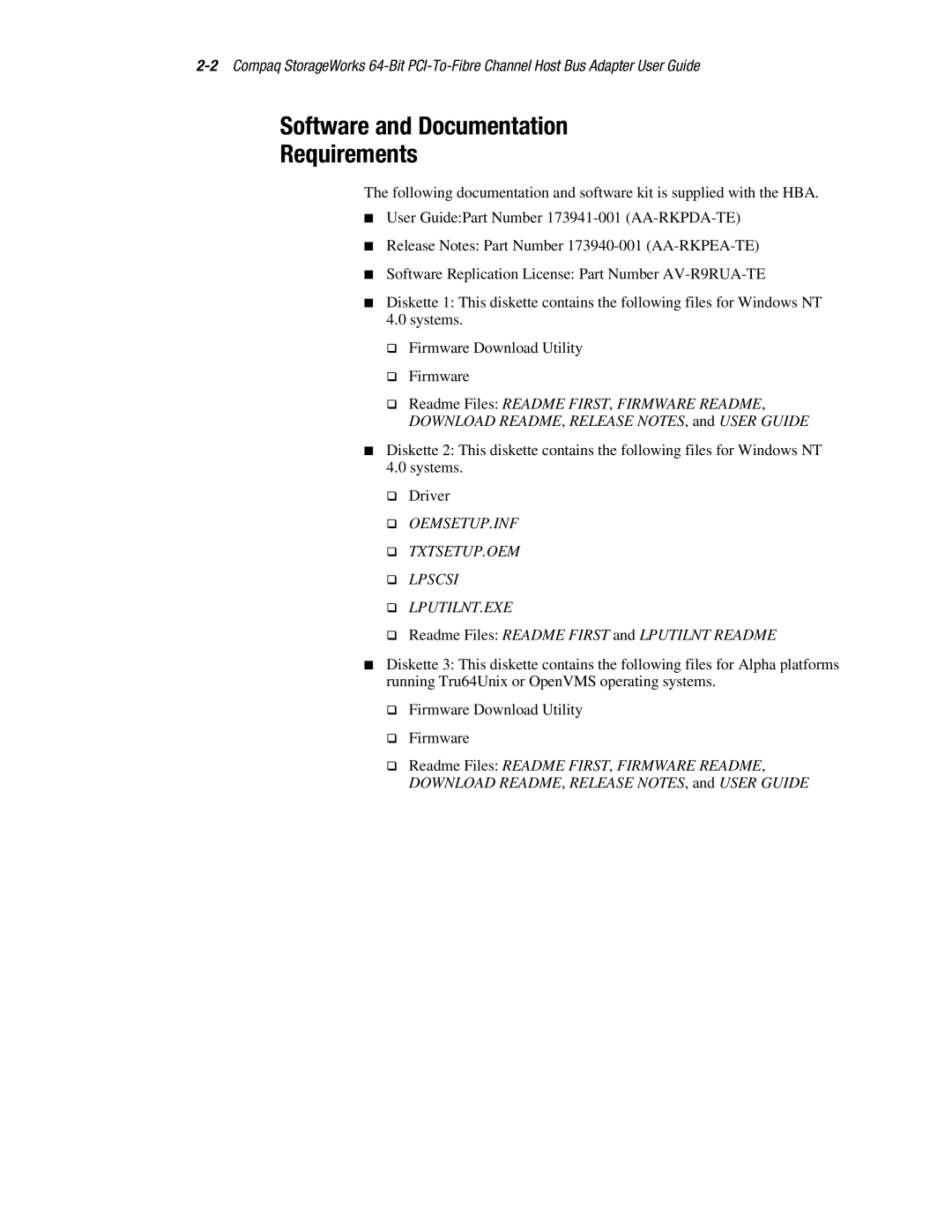 Compaq LP8000-F1 manual Software and Documentation Requirements, OEMSETUP.INF TXTSETUP.OEM Lpscsi LPUTILNT.EXE 