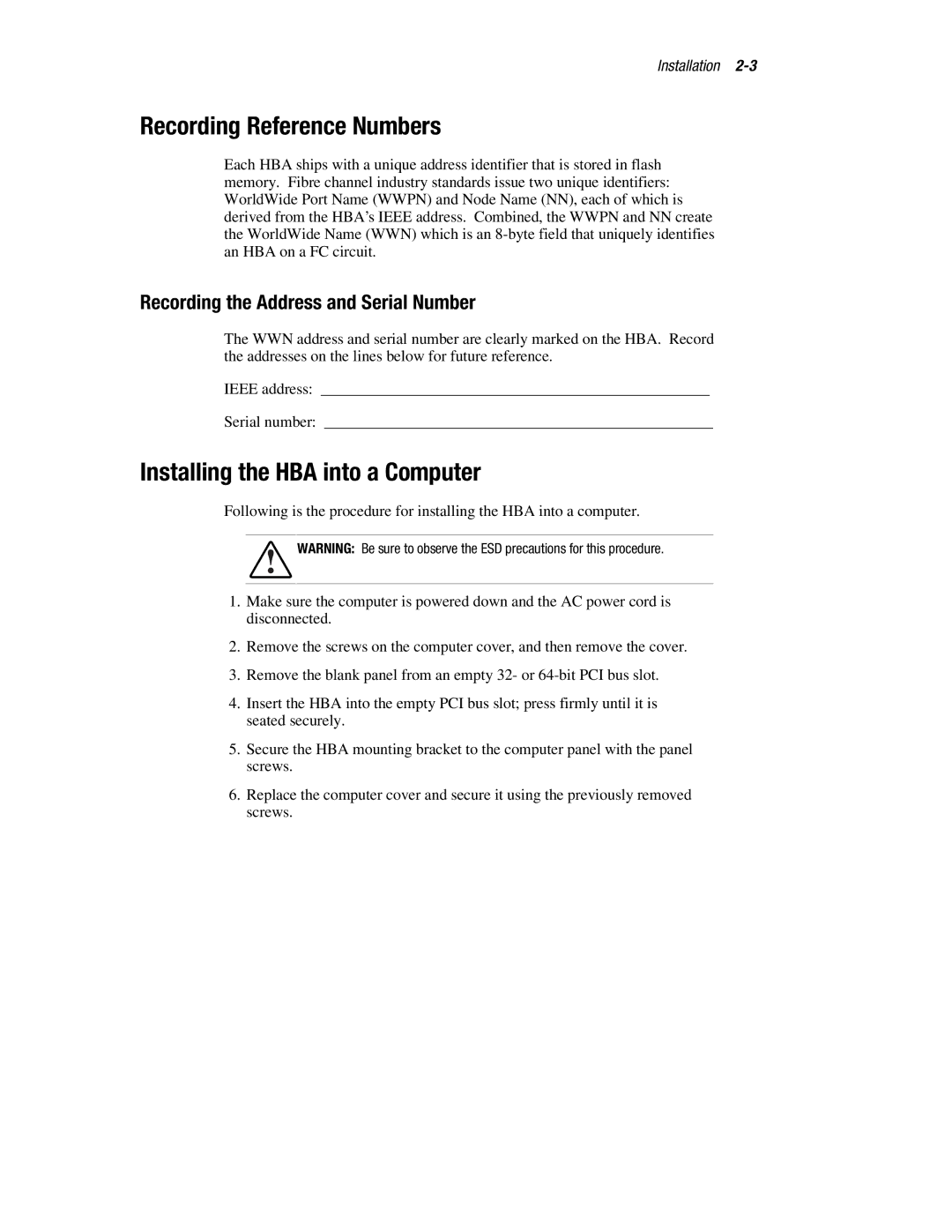 Compaq LP8000-F1 Recording Reference Numbers, Installing the HBA into a Computer, Recording the Address and Serial Number 