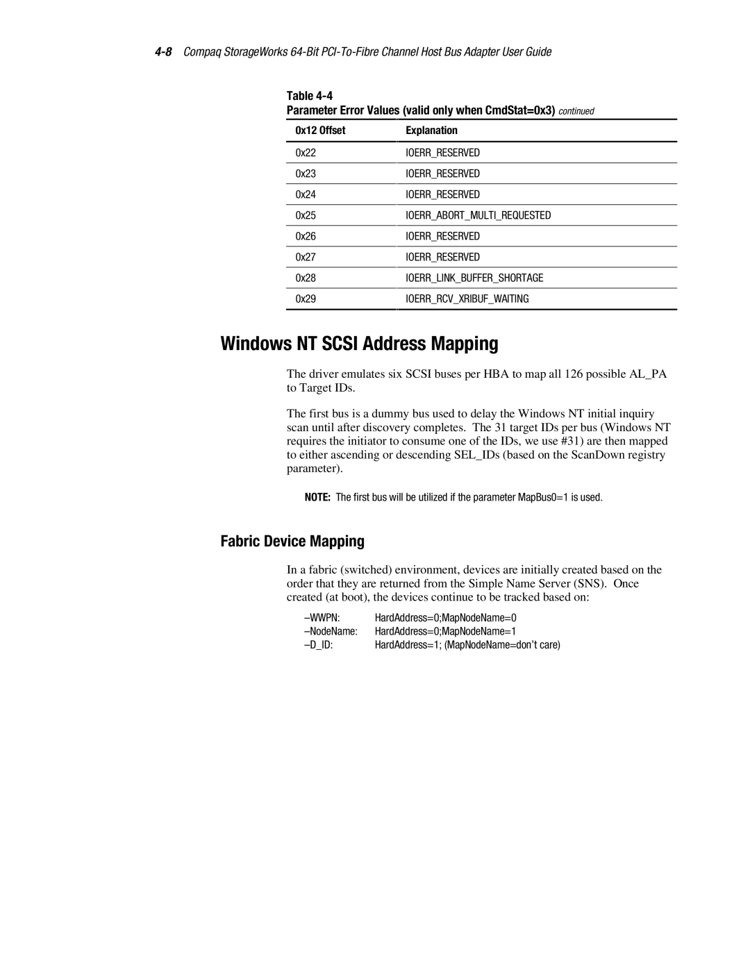 Compaq LP8000-F1 manual Windows NT Scsi Address Mapping, Fabric Device Mapping 