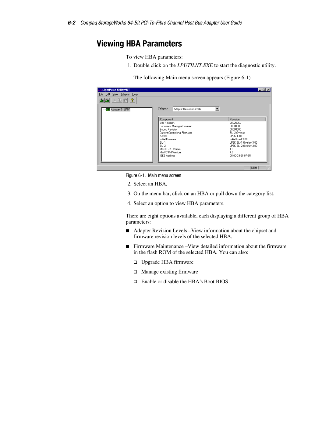 Compaq LP8000-F1 manual Viewing HBA Parameters, Main menu screen 