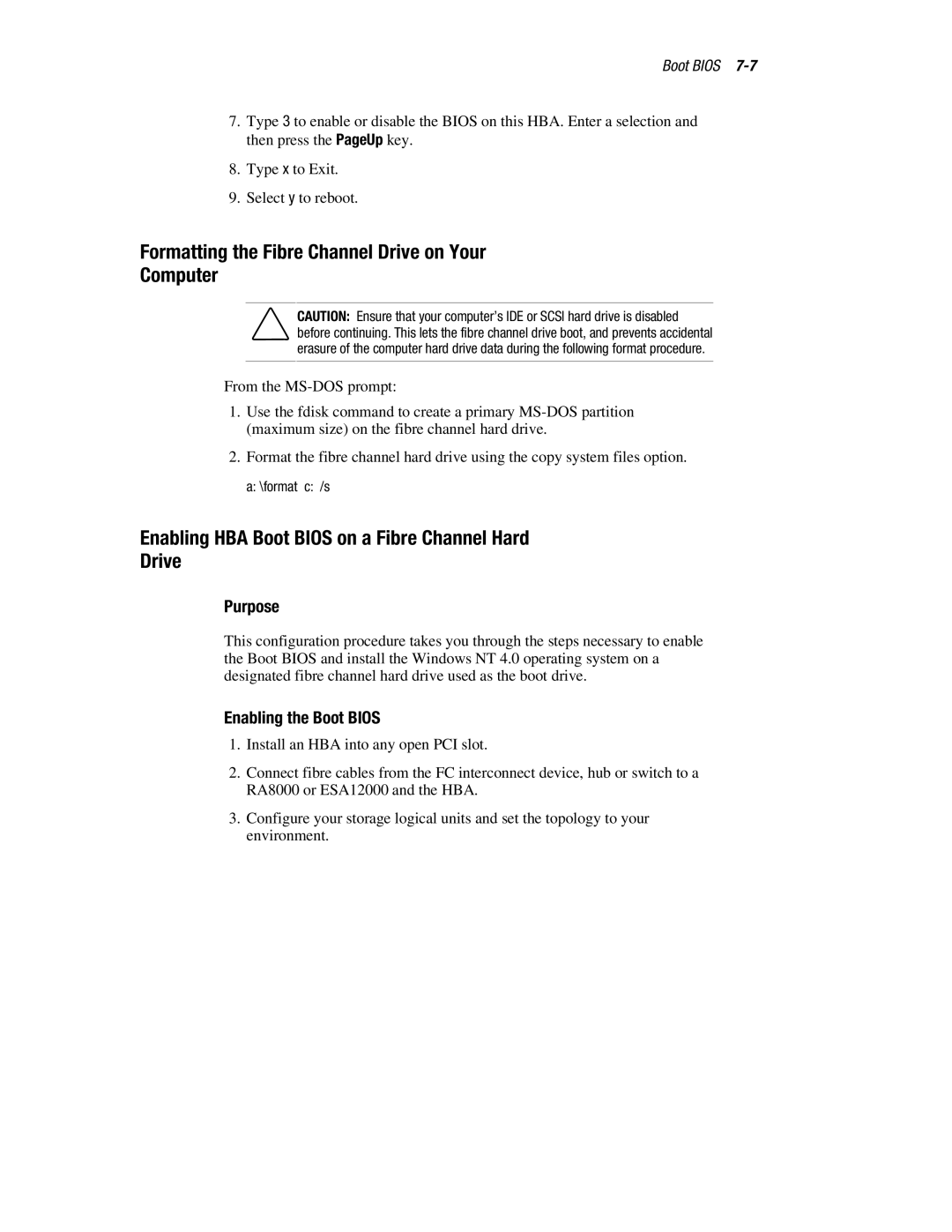 Compaq LP8000-F1 Formatting the Fibre Channel Drive on Your Computer, Enabling HBA Boot Bios on a Fibre Channel Hard Drive 