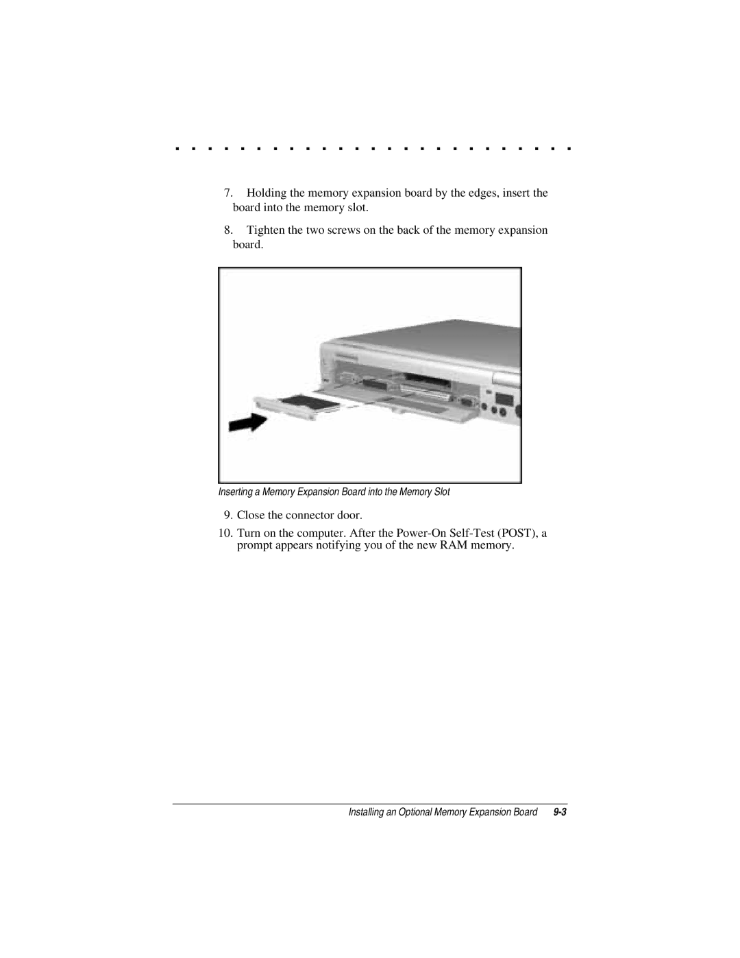 Compaq LTE 5000 manual Inserting a Memory Expansion Board into the Memory Slot 