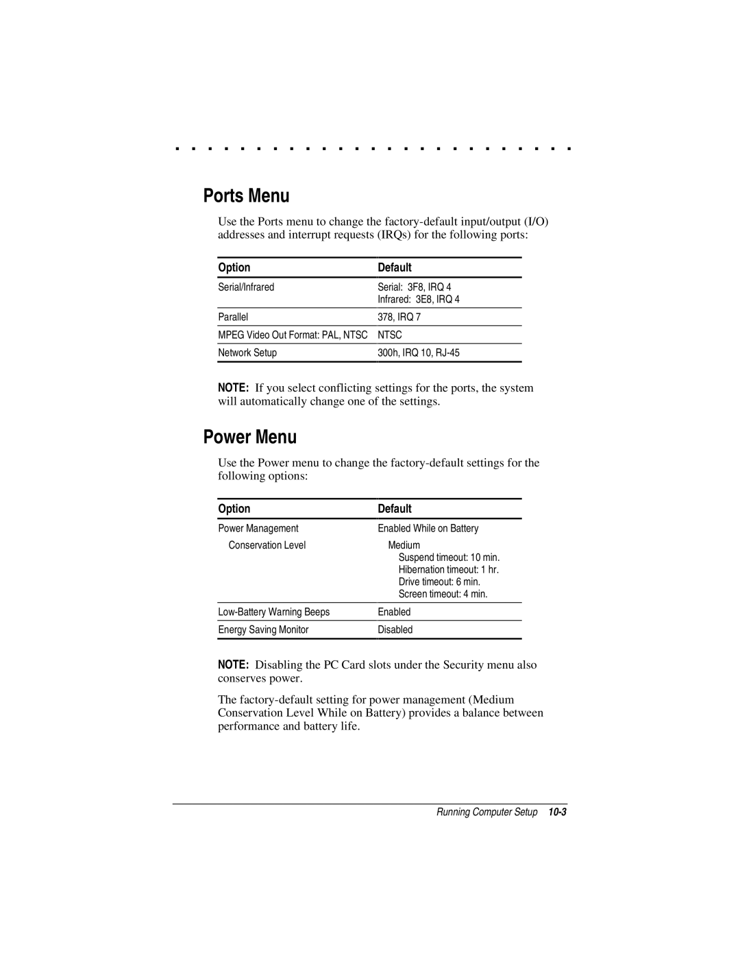 Compaq LTE 5000 manual Ports Menu, Power Menu, Option Default 