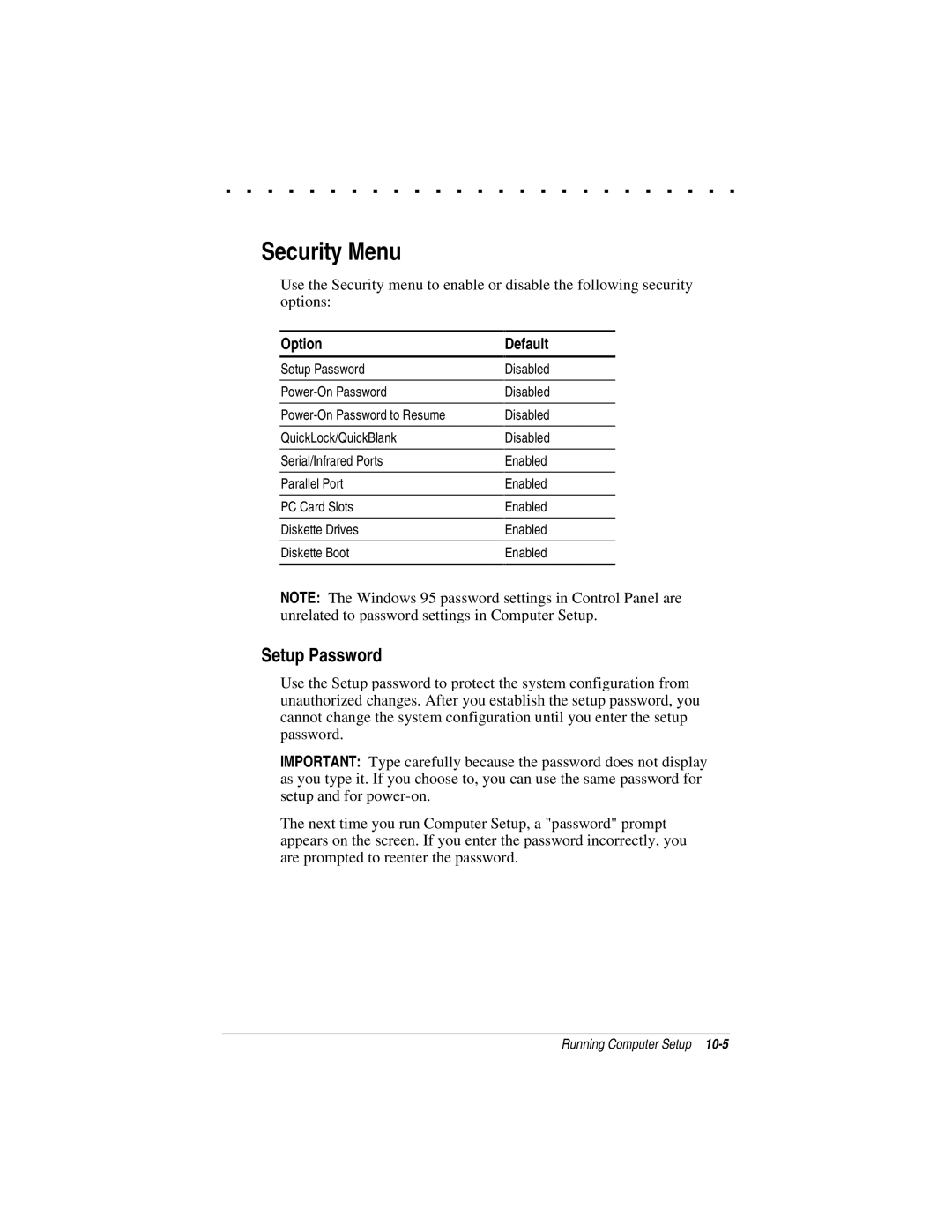 Compaq LTE 5000 manual Security Menu, Setup Password, Disabled Enabled 