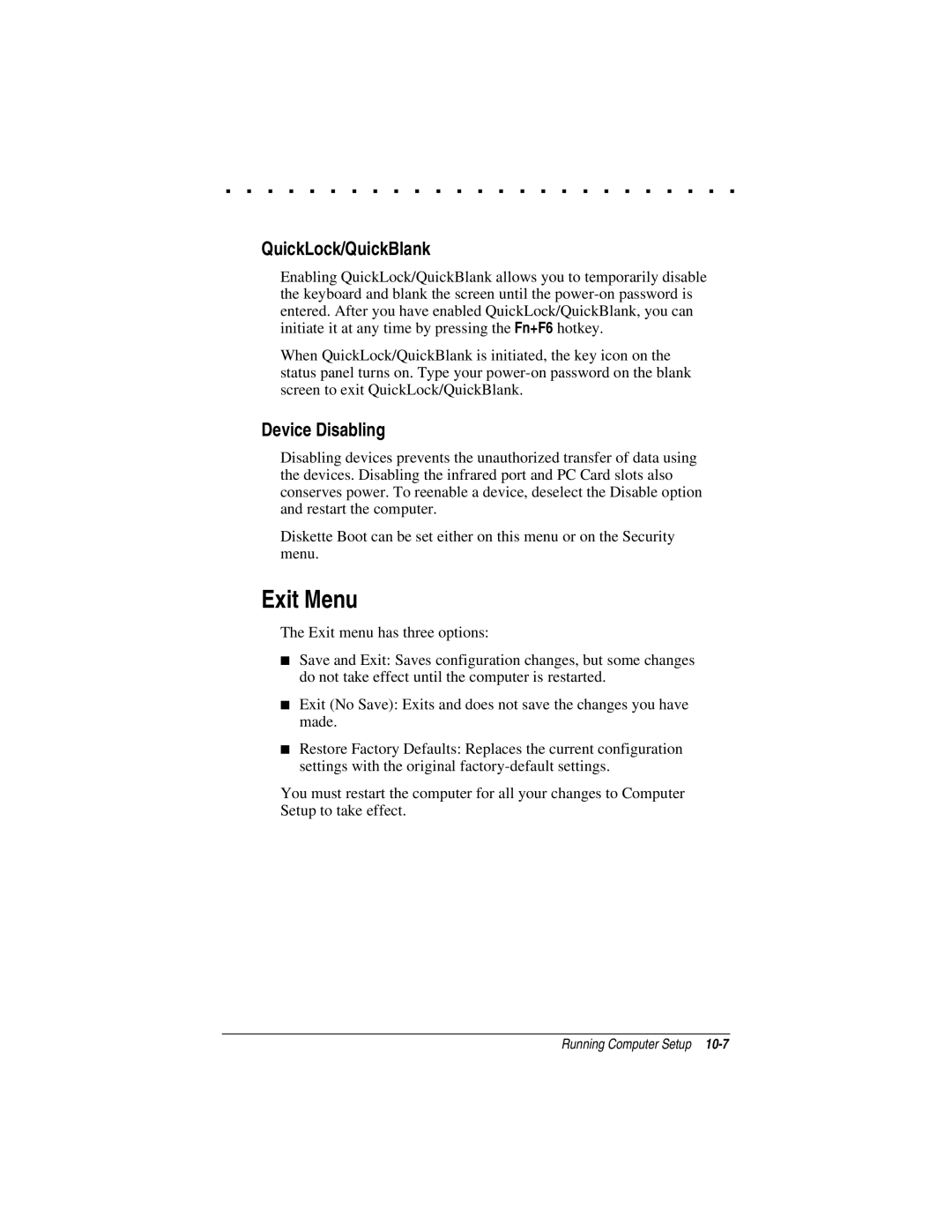 Compaq LTE 5000 manual Exit Menu, QuickLock/QuickBlank, Device Disabling 