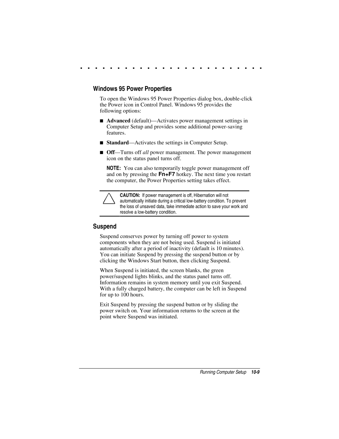 Compaq LTE 5000 manual Windows 95 Power Properties, Suspend 