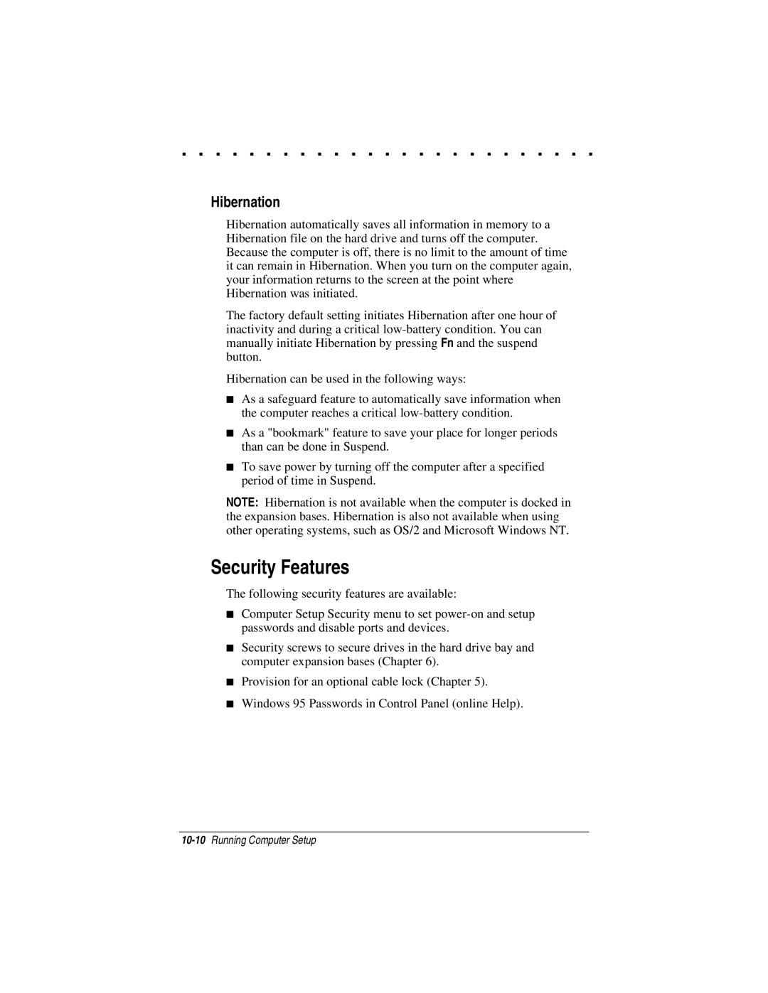 Compaq LTE 5000 manual Security Features, Hibernation 