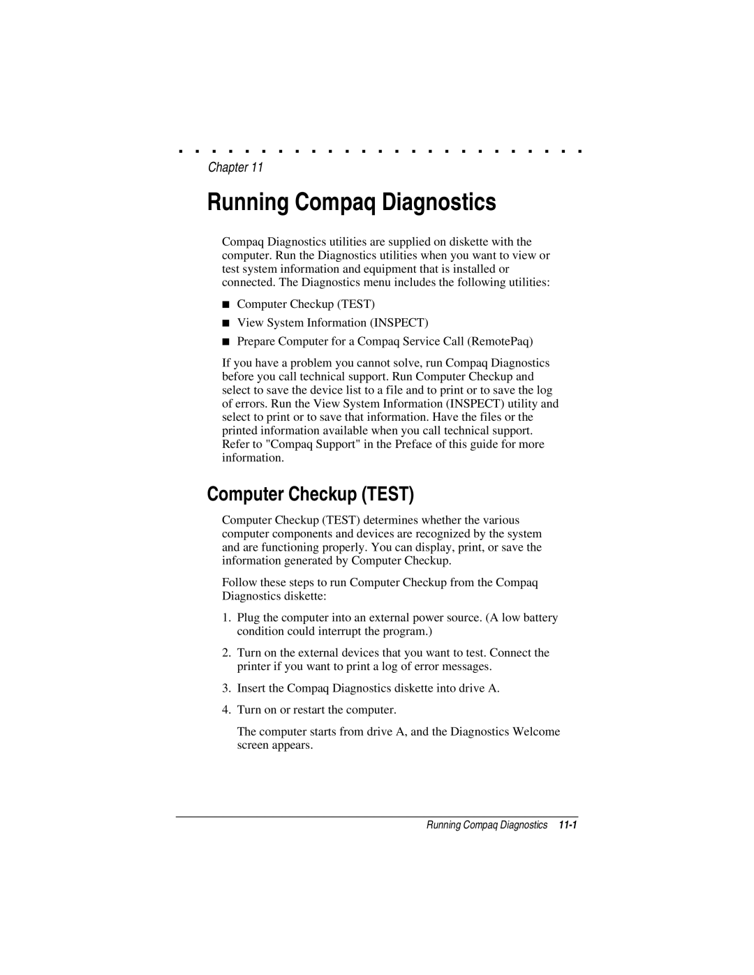 Compaq LTE 5000 manual Running Compaq Diagnostics, Computer Checkup Test 