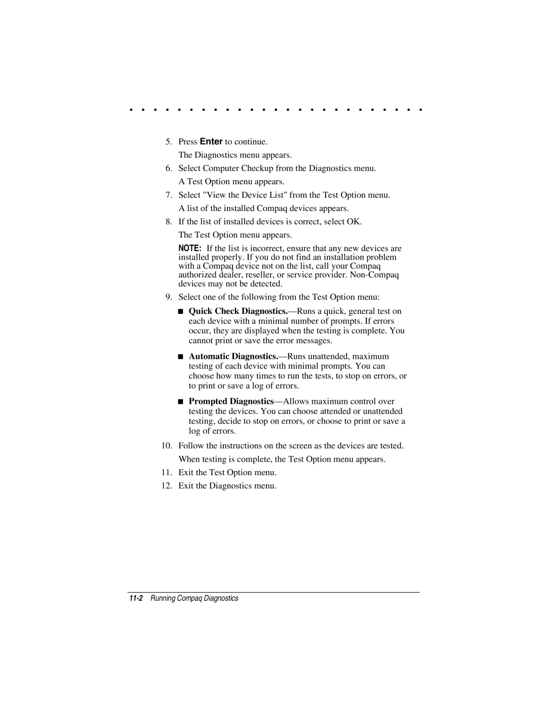 Compaq LTE 5000 manual 11-2Running Compaq Diagnostics 