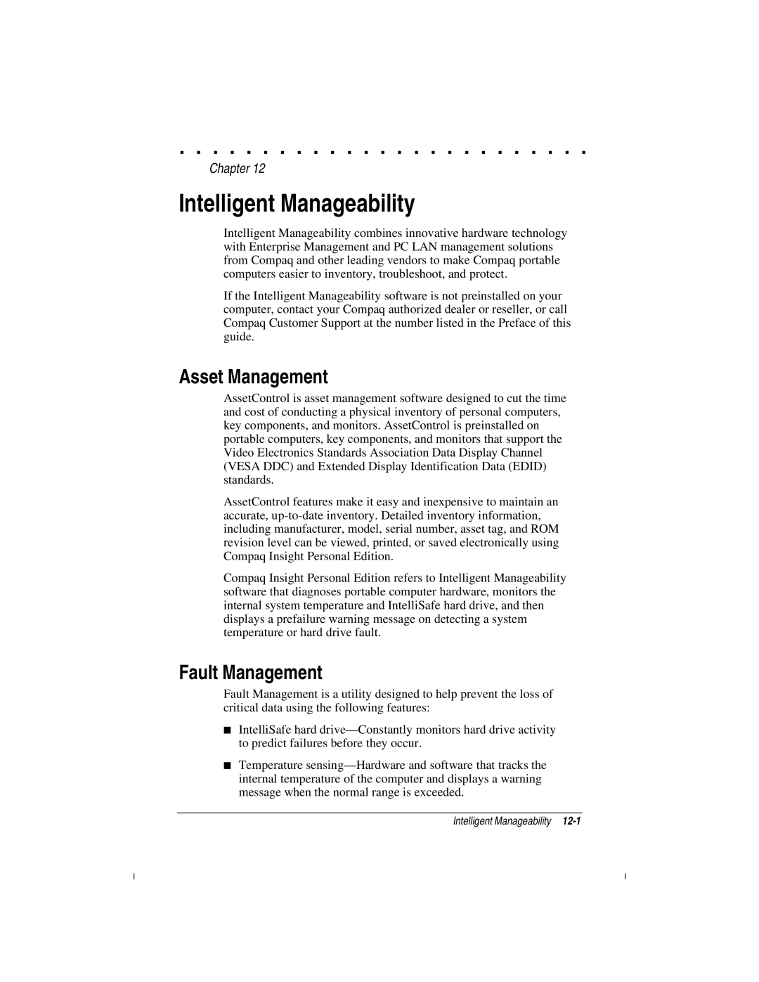 Compaq LTE 5000 manual Intelligent Manageability, Asset Management, Fault Management 