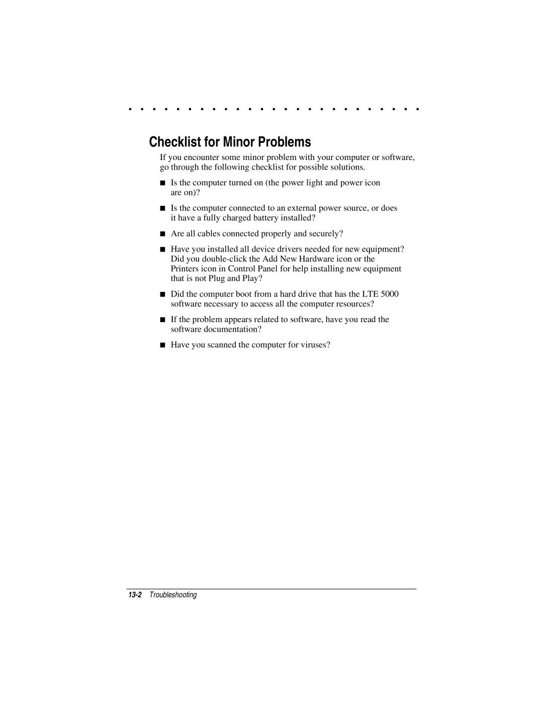 Compaq LTE 5000 manual Checklist for Minor Problems 