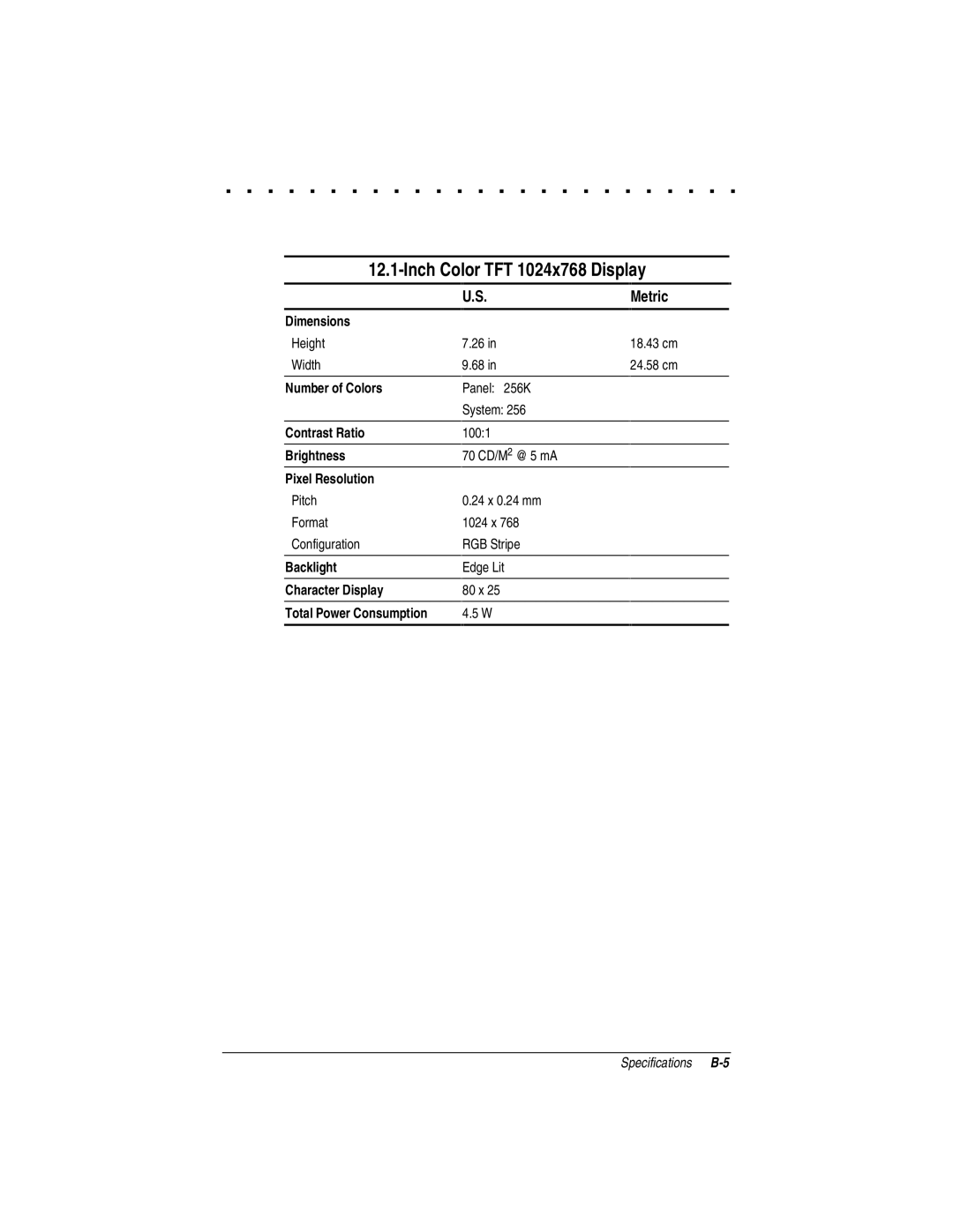 Compaq LTE 5000 manual Inch Color TFT 1024x768 Display, Height 18.43 cm Width 24.58 cm, Panel 256K System, 70 CD/M2 @ 5 mA 