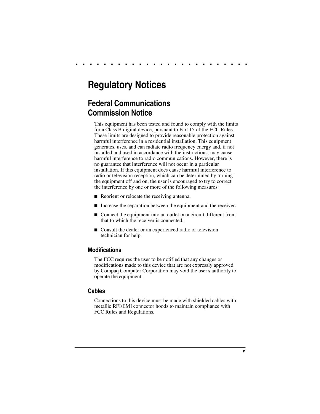 Compaq LTE 5000 manual Regulatory Notices, Federal Communications Commission Notice, Modifications, Cables 