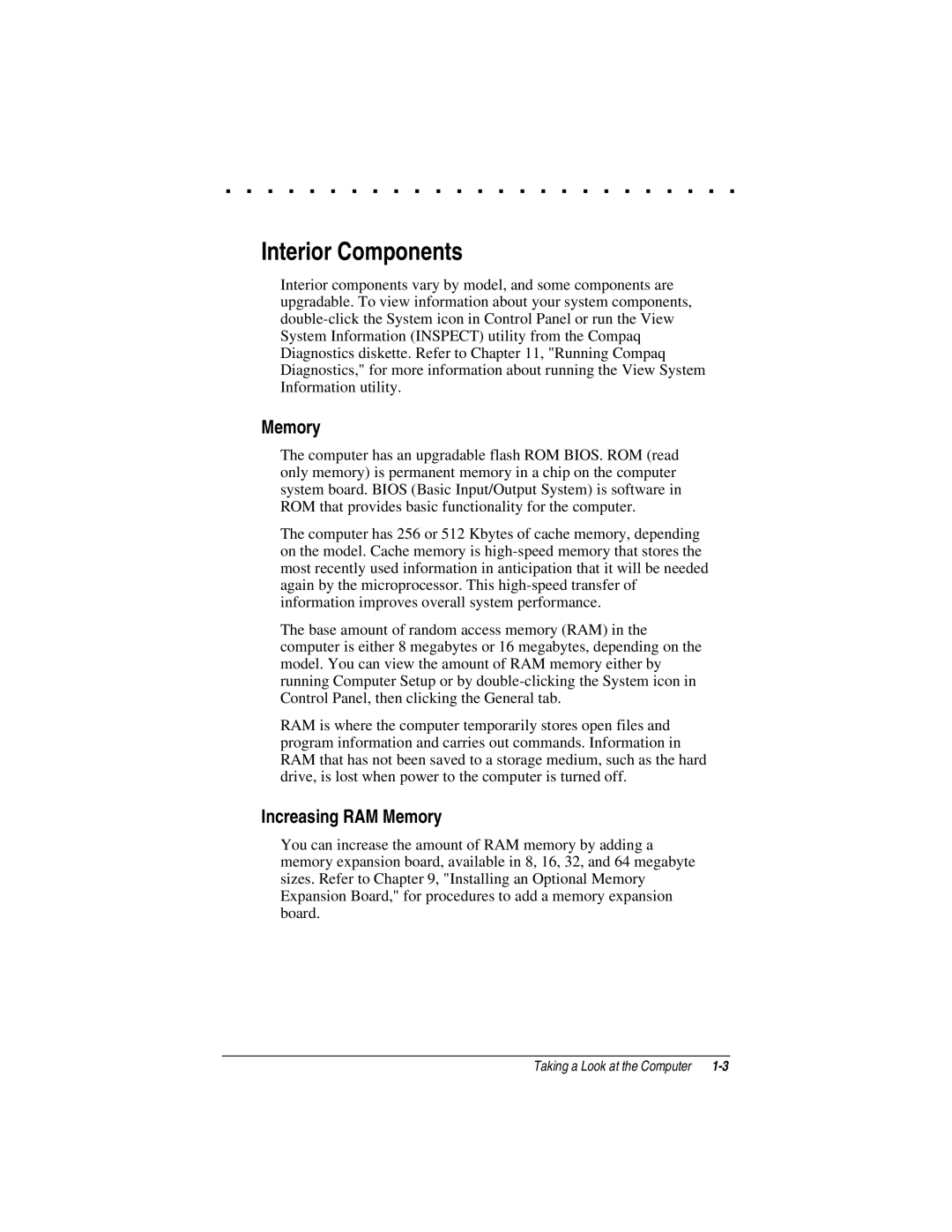 Compaq LTE 5000 manual Interior Components, Increasing RAM Memory 